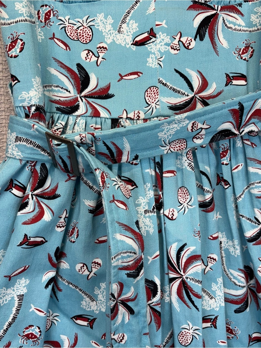 Vtg Bettie Page Hawaiian Fit & Flare Pin Up Blue Dress Sz 10 Retro Vacay Mini - Picture 5 of 13